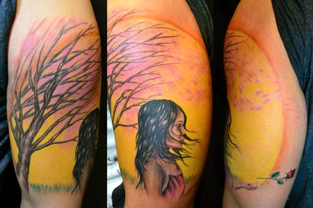 El Dugi - Asian Girl in the Wind with Cherry Blossom Tree and Sun letting go of rose